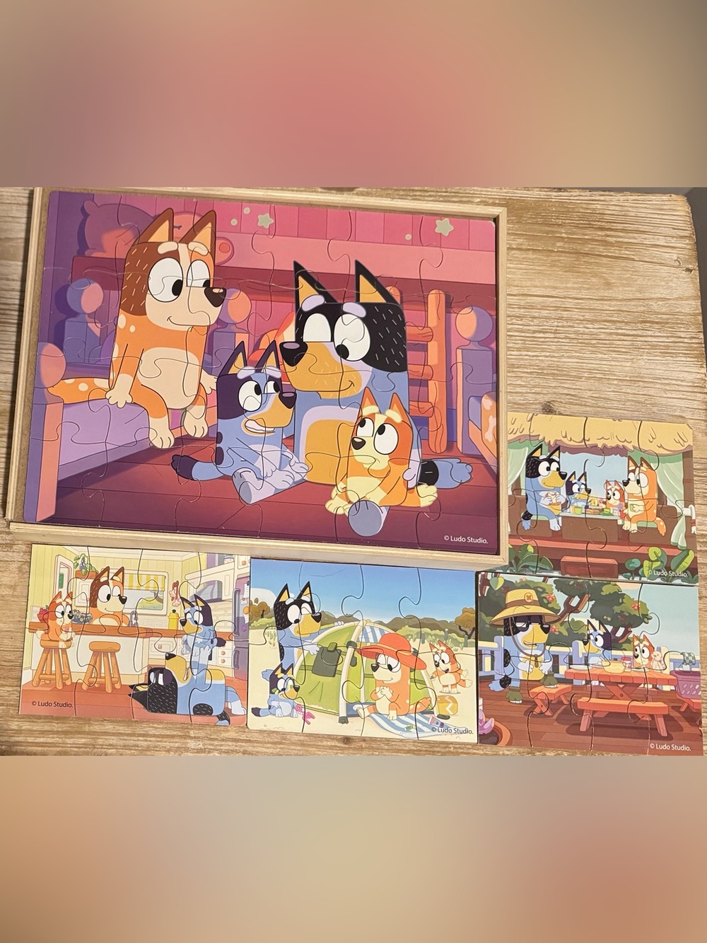 5 Bluey Wooden Puzzles with storage box
